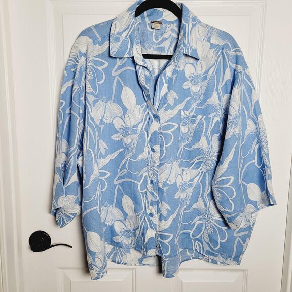 Magaschoni Tops - Magaschoni Shirt Womens XL Blue White Floral Linen Button Up Pocket Resort Boxy